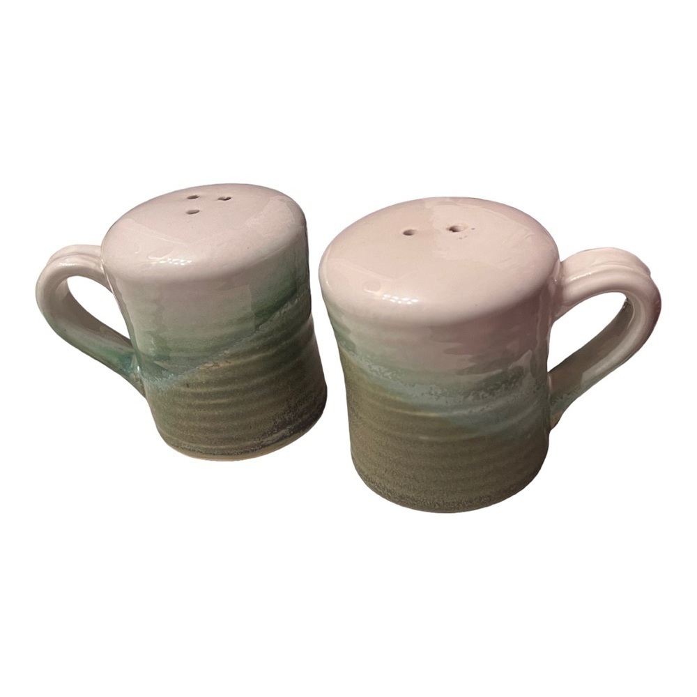 Salt & pepper handled shakers by Paw Paw pottery white turquoise moss 2.5” x 2”